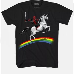 Marvel Black T-Shirt with Deadpool and Unicorn